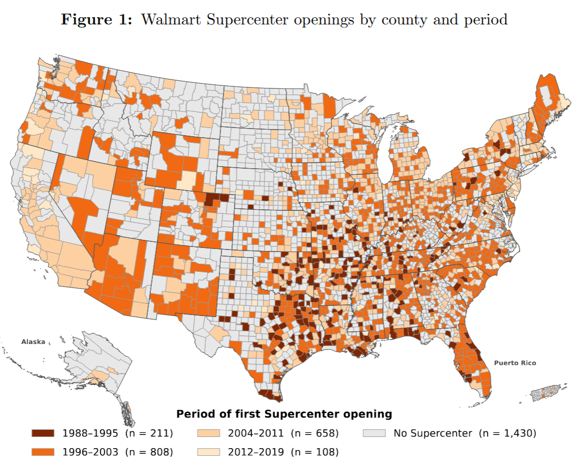 Map of Walmart Supercenter openings by county and period.